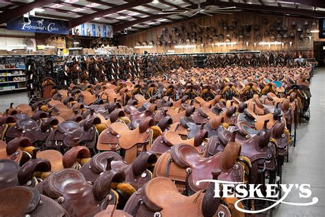 Teskey's saddle shop - Teskey’s Saddle Shop is one of the most trusted names in the horse industry. With over 1000 saddles, hundreds of bits and spurs, boots, clothing, ranch and farm equipment and all your equine medical needs, we are your one stop shop. Teskey's ranch equipment, home decor, boots and apparel lines have grown tremendously and are second to none in ... 